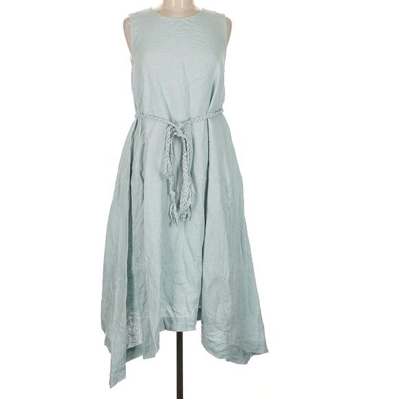 Magic Linen Nida Dress Dusty Blue Asymmetric Hem Sleeveless Braided Belt Medium - Picture 2 of 7
